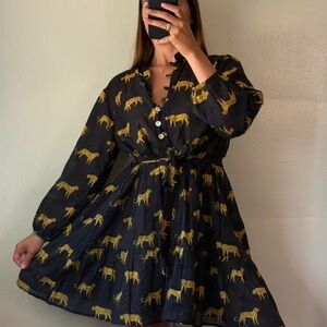 Leopard Cheetah Animal Print Black Yellow Partial Button Down Dress size Medium
